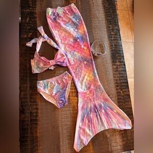 NWT Mermaid Swimsuit with Mermaid Tail and Princess Tiara Size 7-8